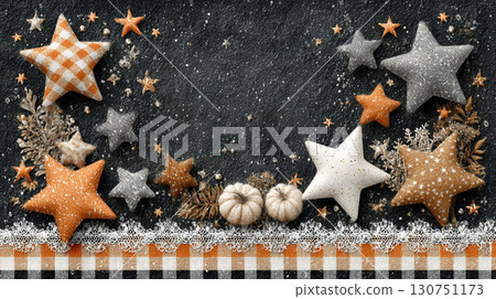 帶有布料星星和南瓜的萬聖節背景插圖 130751173