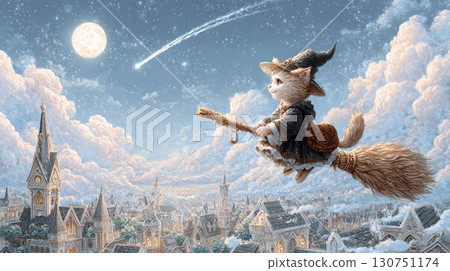萬聖節插圖：一隻騎著掃帚飛行的女巫貓和一幅奇幻的城市景觀 130751174