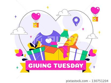Happy Giving Tuesday Celebration Vector Illustration featuring Love, Gift Giving, and Encouraging People to Donate in a Flat Style Cartoon Background 130751204