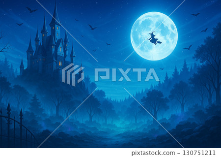 一幅奇幻風景:藍色月夜中女巫翩翩起舞,森林中一座古老城堡 一幅奇幻風景:藍色月夜中女巫翩翩起舞,森林中一座古老城堡 130751211