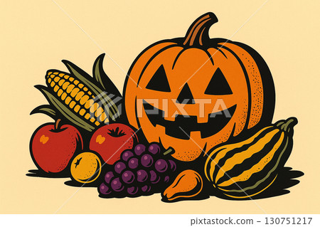 Jack-o'-lantern and autumn harvest pop illustration without background 130751217