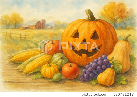 Watercolor style jack-o'-lantern and autumn harvest illustration Watercolor style jack-o'-lantern and autumn harvest illustration 130751218