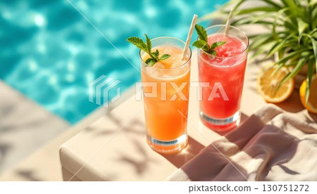 Refreshing pink drinks in glasses with straws on a table, perfect for a summer pool party 130751272