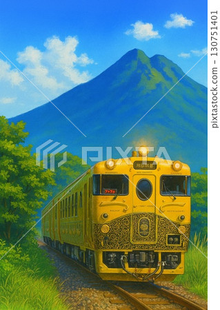 金色的觀光列車在雲霧繚繞的由布岳上空行駛。 130751401