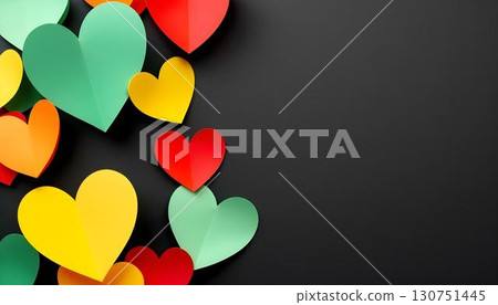 Colorful paper hearts scattered on a black background, symbolizing love and unity for Juneteenth celebrations Colorful paper hearts scattered on a black background, symbolizing love and unity for Juneteenth celebrations 130751445