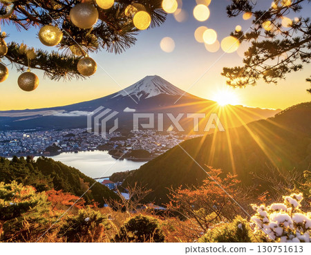 A New Year's image featuring the golden Mount Fuji and the first sunrise of the year 130751613