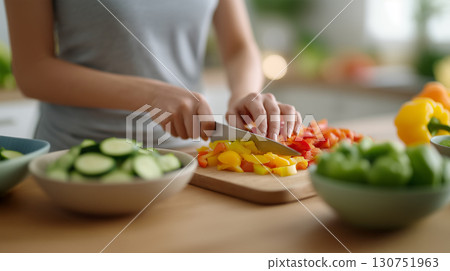 Cooking concept with sliced vegetables and plant based ingredients at home 130751963