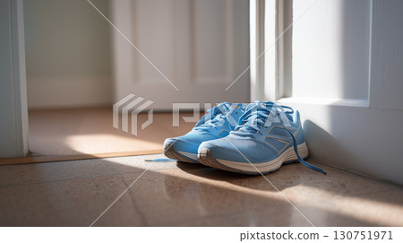 Pair of blue running shoes placed on the floor with natural sunlight Pair of blue running shoes placed on the floor with natural sunlight 130751971