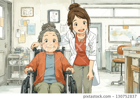 Miyu series: A scene in which Miyu pushes a wheelchair in the hospital to help with mobility 130752837