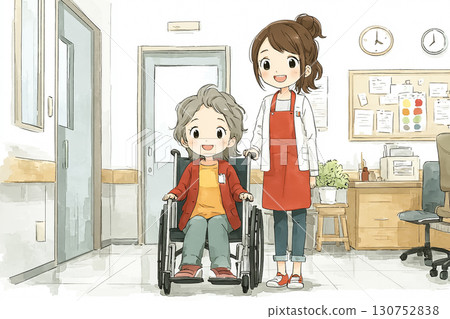 Miyu series: A scene in which Miyu pushes a wheelchair in the hospital to help with mobility 130752838