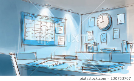 Watercolor office background illustration set: conference room, hallway, desk, business materials 130753707