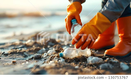 A person donning rubber gloves picks up a plastic bottle from the beach, highlighting the importance of World Oceans Day 130753767