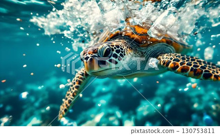 A turtle gracefully moves through the ocean on World Oceans Day, encircled by thrown-away plastic bottles A turtle gracefully moves through the ocean on World Oceans Day, encircled by thrown-away plastic bottles 130753811
