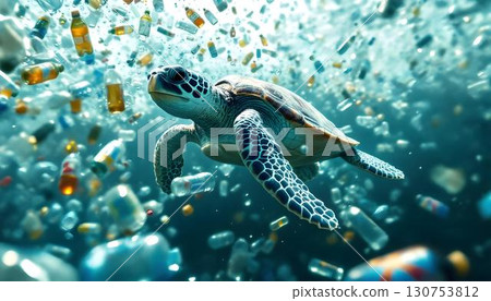 On World Oceans Day, a turtle navigates the ocean, weaving through a sea of plastic bottles 130753812