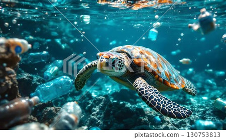 A turtle swims amidst plastic bottles in the ocean, highlighting pollution on World Oceans Day A turtle swims amidst plastic bottles in the ocean, highlighting pollution on World Oceans Day 130753813