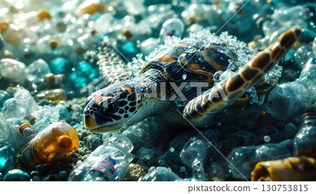 A turtle swims in the ocean, navigating through a sea of plastic bottles on World Oceans Day 130753815
