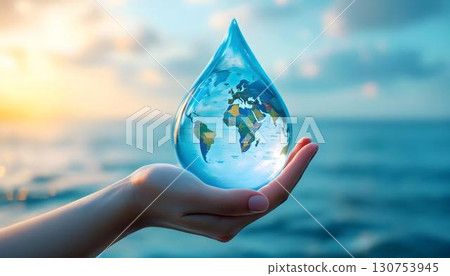 A droplet of water that holds the Earth, underscoring the link between nature and water conservation for World Water Day 130753945