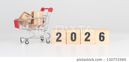 Happy New Year 2026 with shopping cart. online shopping, Marketplace platform website, technology, ecommerce, shipping delivery, logistics and online payment 130753989