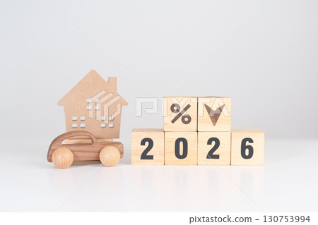 2026 New Year with percentage change to UP and Down arrow with car and Home model. Car loan, Interest rate, real estate, house, Insurance, Financial, Repair, Tax, mortgage and Maintenance 130753994