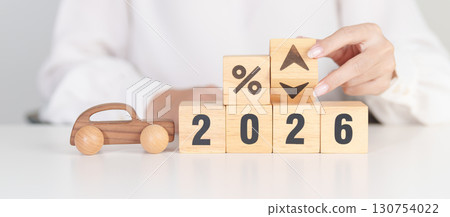 2026 New Year with percentage change to UP and Down arrow with car model. Car loan, Interest rate, Insurance, Financial, vehicle Repair, Automobile Tax, mortgage and Maintenance 130754022