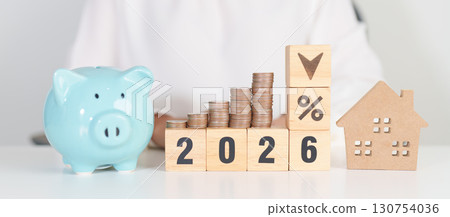 2026 New Year with percentage change to UP and Down arrow, Home model and coin stack. Real estate Mortgage, Refinance, House loan and debt, Interest rate, Insurance, Financial and Property Tax 2026 New Year with percentage change to UP and Down arrow, Home model and coin stack. Real estate Mortgage, Refinance, House loan and debt, Interest rate, Insurance, Financial and Property Tax 130754036