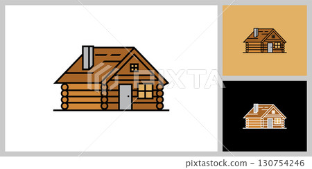 An illustration of a log house or cabin in a simple yet colorful flat design style, complete with a black outline. 130754246