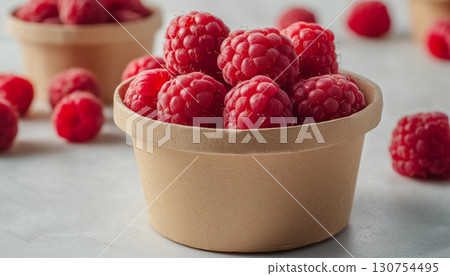 Raspberry fresh fruit on brown paper bowl disposable in white ceramic table 130754495