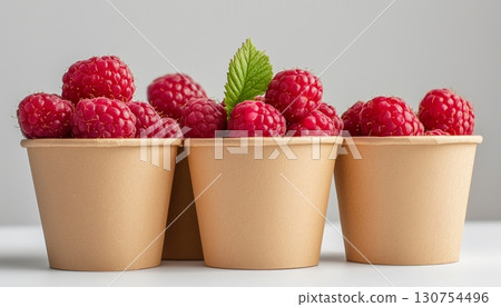 Raspberry fresh fruit on brown paper bowl disposable in white ceramic table 130754496