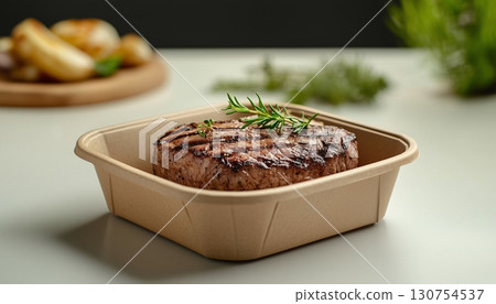 Beef steak on brown disposable paper craft bowl take away delivery food 130754537