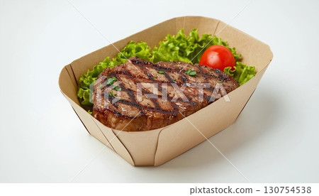 Beef steak on brown disposable paper craft bowl take away delivery food Beef steak on brown disposable paper craft bowl take away delivery food 130754538