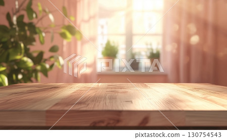 Brown wooden table kitchen counter display copy space with blurred light background 130754543