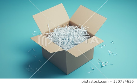 Cardboard box with shredded paper safety fragile product delivery shipment 130754636