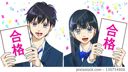 動漫風格的插圖，描繪高中或初中學生、男孩和女孩，對通過考試感到高興，白色背景 130754808