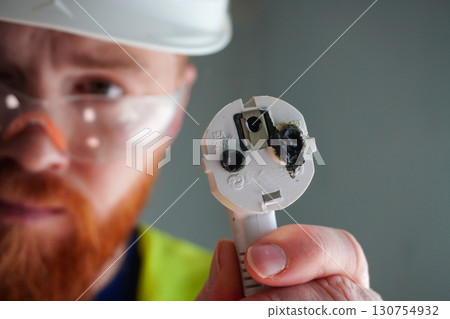 Construction safety expert analyzing electrical hazard at workplace 130754932