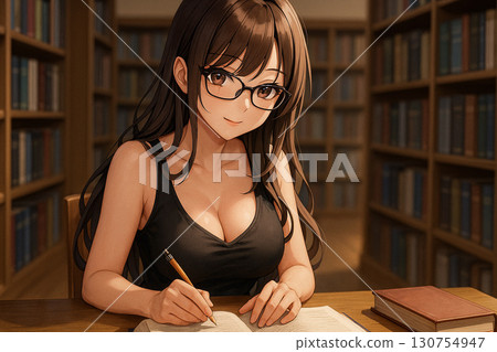 Brown-haired Japanese adult woman wearing glasses studying in the library.jpg Brown-haired Japanese adult woman wearing glasses studying in the library.jpg 130754947
