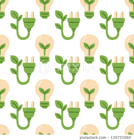 Seamless eco pattern with green electric plug and light bulb with sprout. Sustainable energy design for clean technology, innovation and environmental projects 130755060