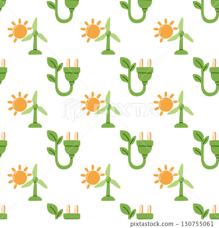 Seamless eco pattern with solar energy, wind turbine and green electric plug. Renewable energy design for sustainability, clean power and environmental projects Seamless eco pattern with solar energy, wind turbine and green electric plug. Renewable energy design for sustainability, clean power and environmental projects 130755061