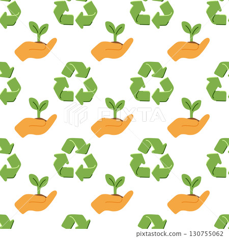 Seamless eco pattern with hand holding sprout and recycle symbol. Green environmental background for sustainability, zero waste and ecology projects Seamless eco pattern with hand holding sprout and recycle symbol. Green environmental background for sustainability, zero waste and ecology projects 130755062