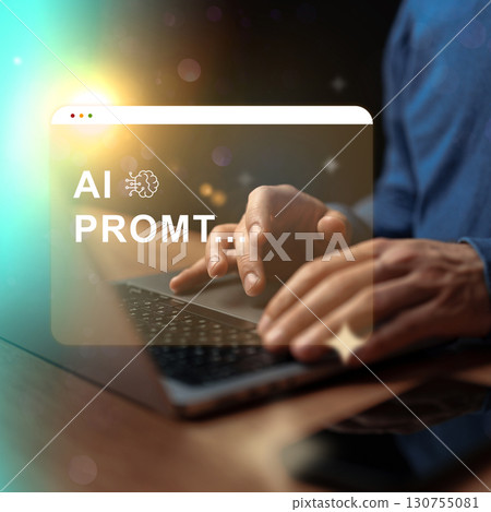 Hands typing on a laptop displaying AI tools for prompt generation at a cozy workspace setting Hands typing on a laptop displaying AI tools for prompt generation at a cozy workspace setting 130755081