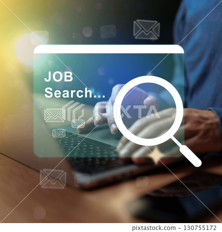 Engaging in a job search with a computer and virtual search interface highlighting email notifications Engaging in a job search with a computer and virtual search interface highlighting email notifications 130755172