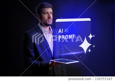 Business professional engages with futuristic AI technology in a dimly lit modern setting during a corporate presentation 130755187