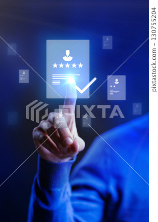 User interacts with digital interface to select five-star feedback during online review process in a tech environment 130755204