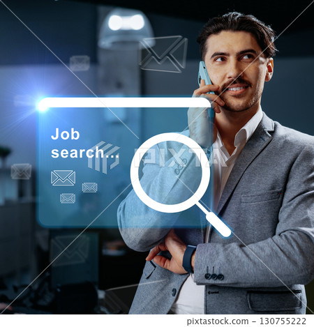 Business professional engaged in a job search while using a smartphone in a modern office environment 130755222