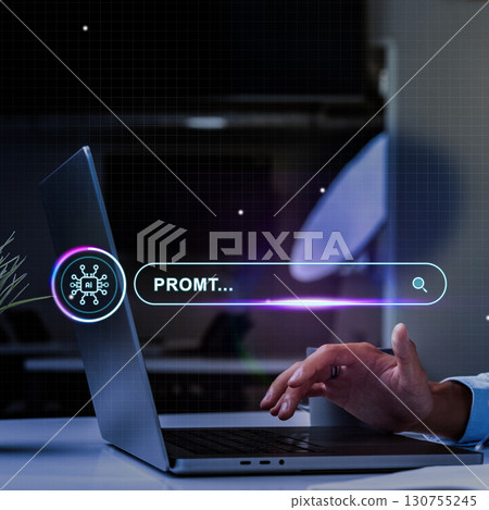User interacts with a laptop displaying a digital search bar for prompt-related inquiries in a modern workspace User interacts with a laptop displaying a digital search bar for prompt-related inquiries in a modern workspace 130755245