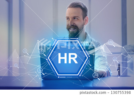 HR professional engaged in modern digital recruitment utilizing online tools for talent acquisition and networking HR professional engaged in modern digital recruitment utilizing online tools for talent acquisition and networking 130755398