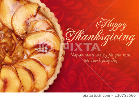 Celebrating Thanksgiving with a delicious apple pie and festive greetings 130755566