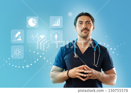 Healthcare professional stands confidently with medical icons in background during a bright, modern setting Healthcare professional stands confidently with medical icons in background during a bright, modern setting 130755578