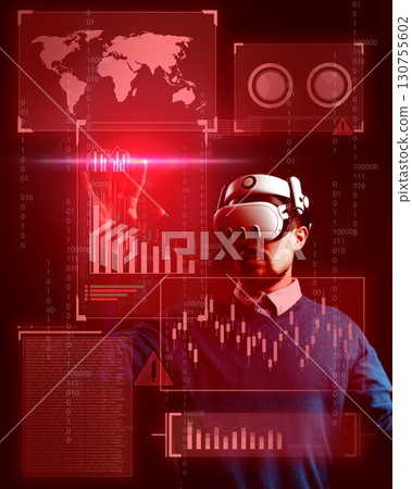 Virtual reality user interacts with data visualization and analytical graphs in a modern workspace environment 130755602