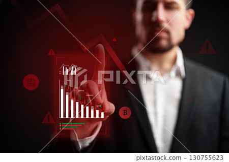 Business professional analyzing data trends using digital interface on black background Business professional analyzing data trends using digital interface on black background 130755623