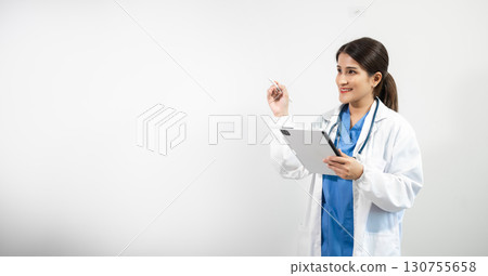 Muslim Arab person. The face of a female doctor on an isolated white background. 130755658